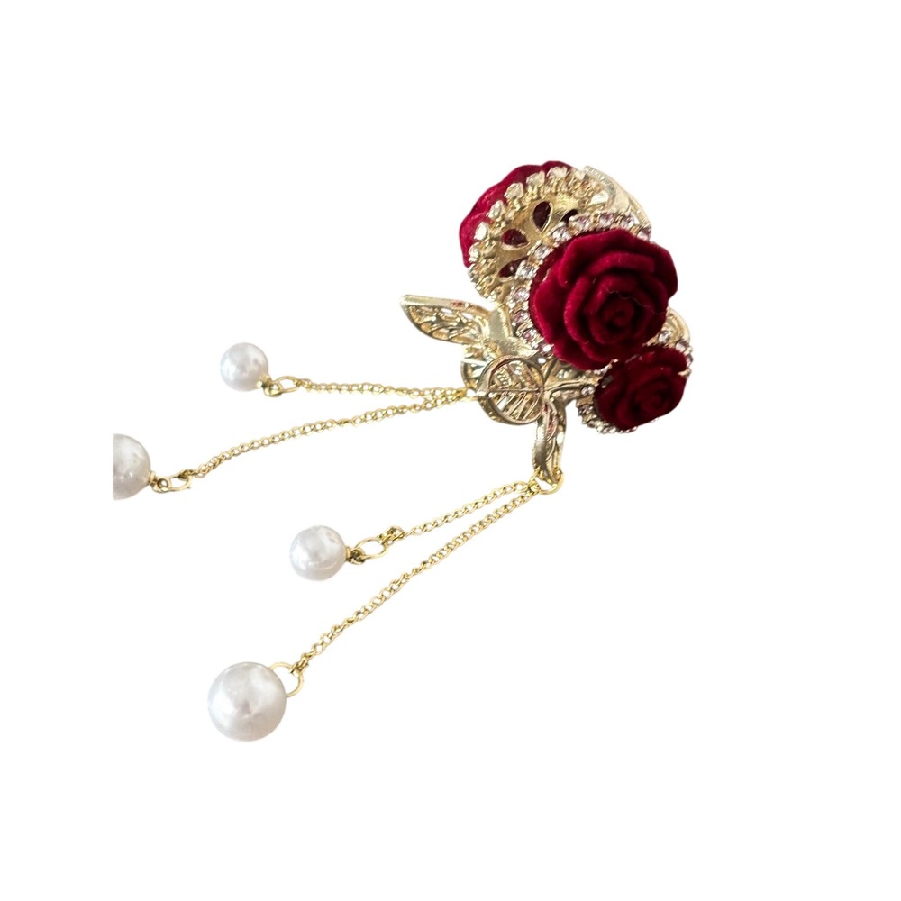 Red Velvet Rose Gold Hair Claw Clip with Rhinestones and Dangle Faux Pearls